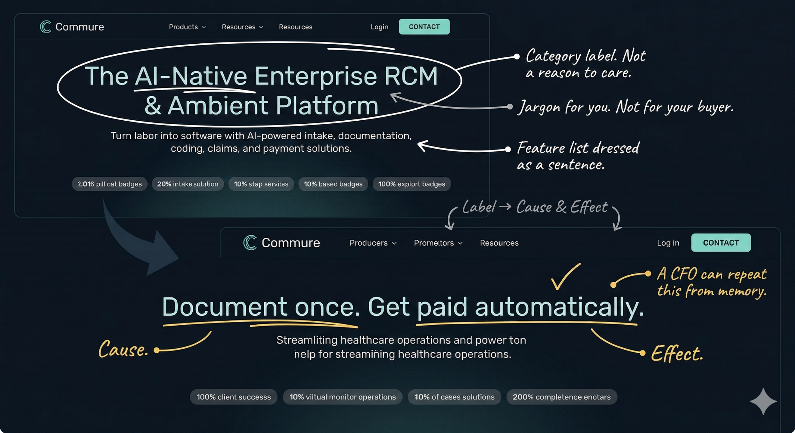 Commure positioning review — before and after homepage messaging
