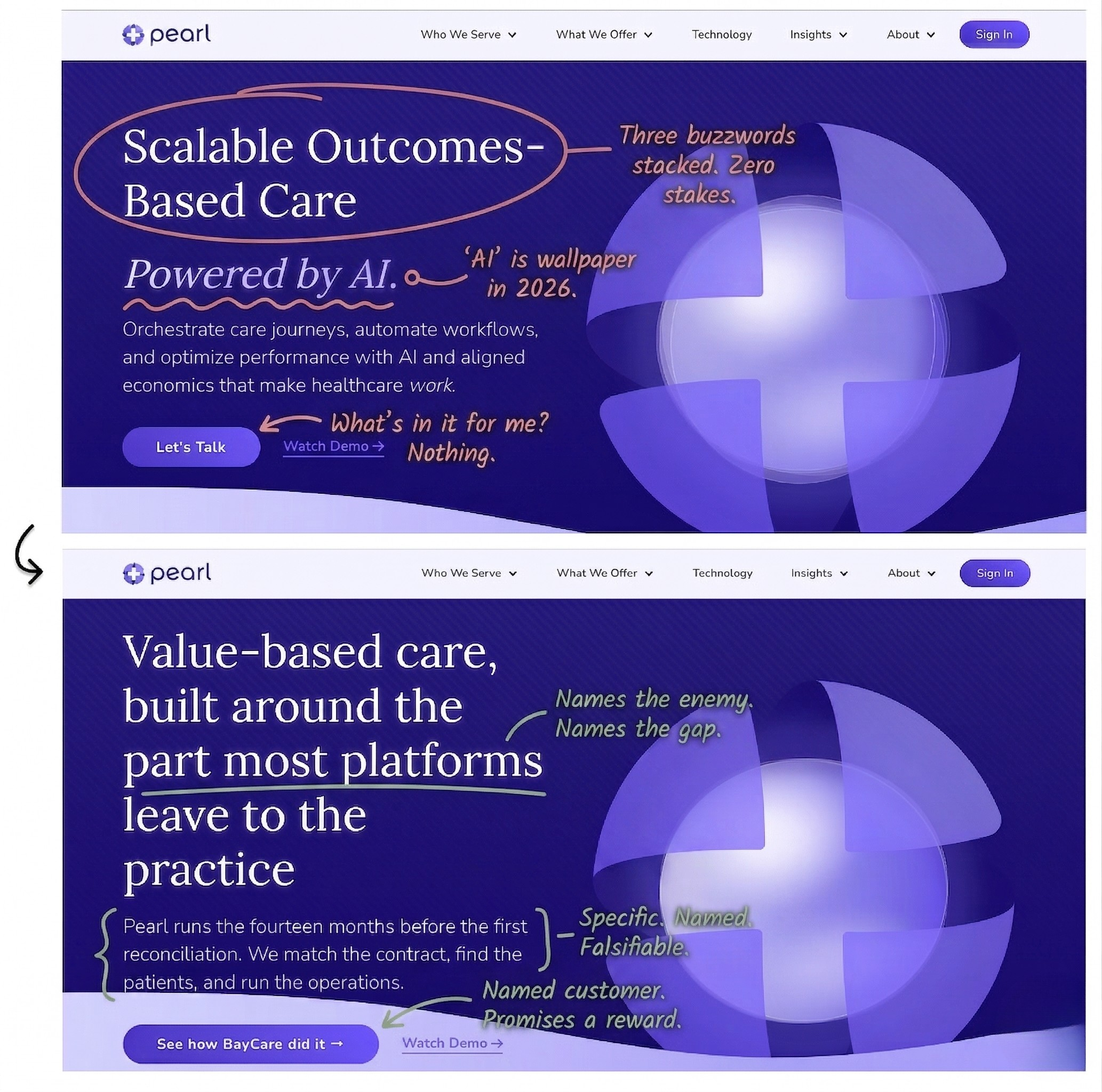 Pearl Health positioning review — before and after homepage messaging